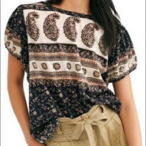 Free People Black Paisley Puff Sleeve Blouse